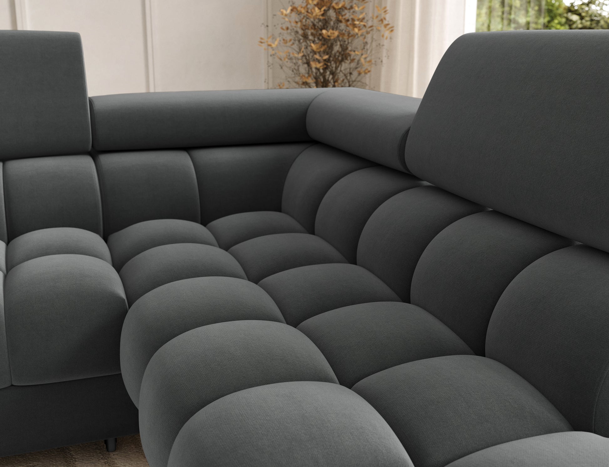 Nowoczesne wykończenie narożnika Feraria prawy – szara tkanina Sola 06, elegancki wygląd i wygoda użytkowania.