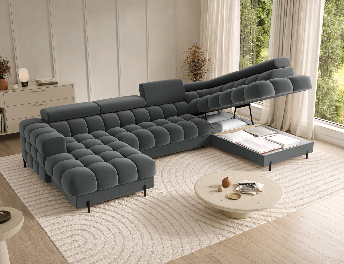 Praktyczny narożnik Feraria prawy z pojemnikiem na pościel – Sola 06 szary, nowoczesny wygląd i funkcjonalność w salonie.