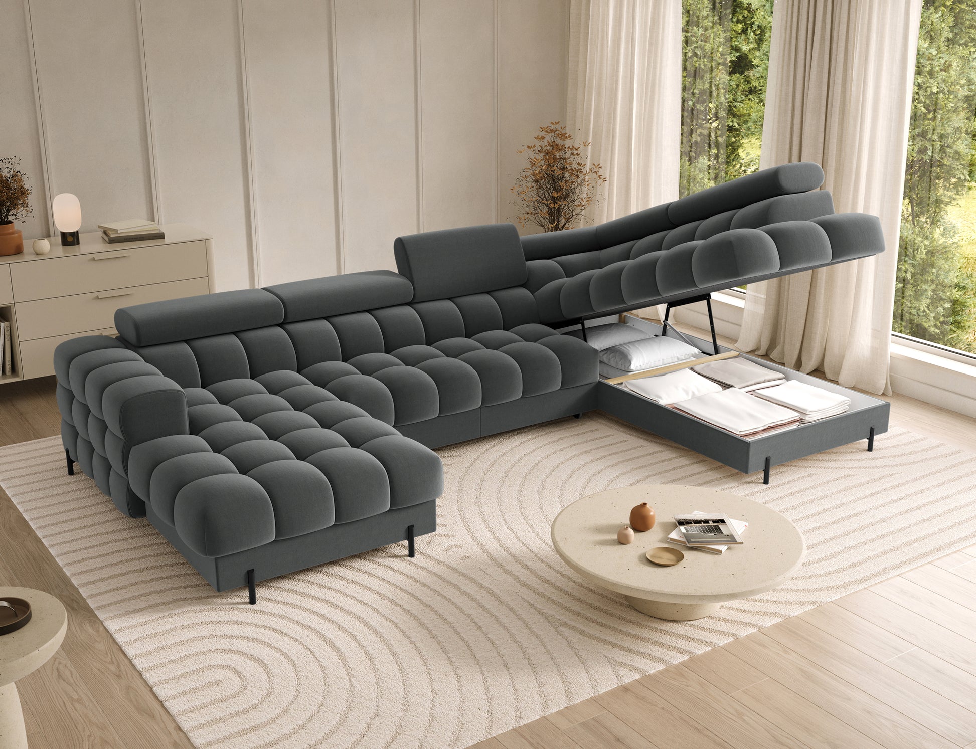 Praktyczny narożnik Feraria prawy z pojemnikiem na pościel – Sola 06 szary, nowoczesny wygląd i funkcjonalność w salonie.