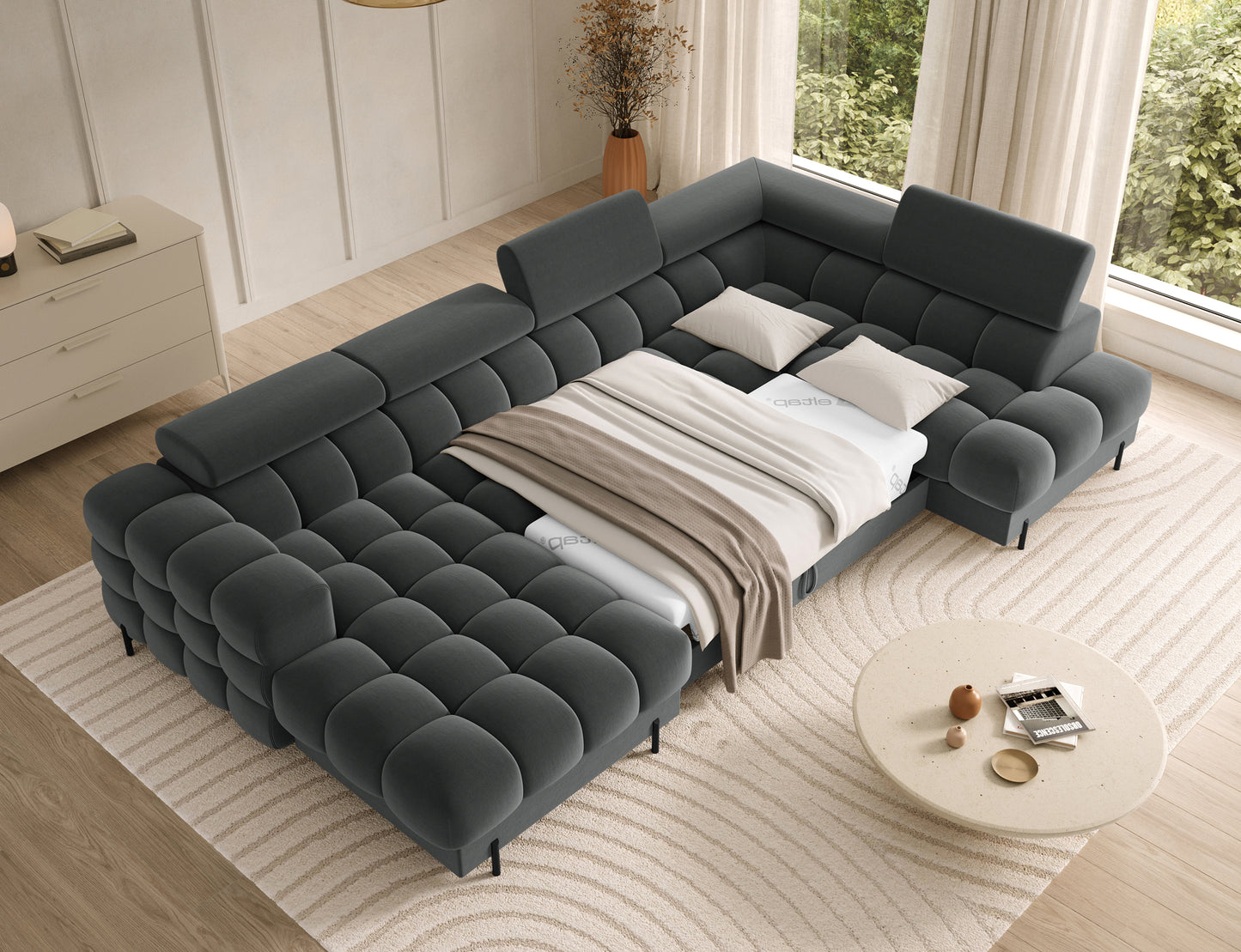 Narożnik Feraria prawy z funkcją spania – tkanina Sola 06 szary, wygodne miejsce do relaksu i nocnego wypoczynku.