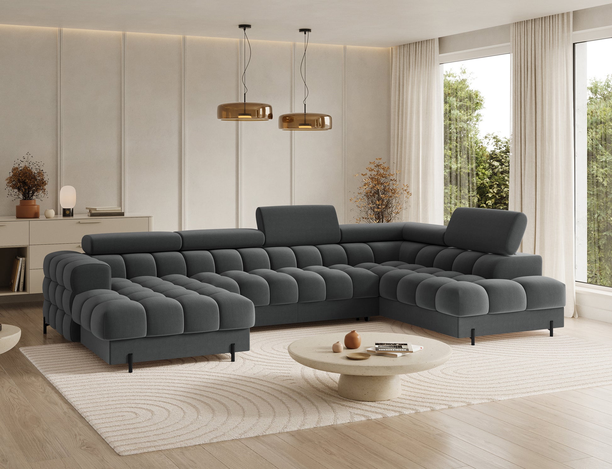 Narożnik Feraria prawy Sola 06 szary – elegancki mebel do salonu z funkcją spania, regulowanymi zagłówkami i pojemnikiem.