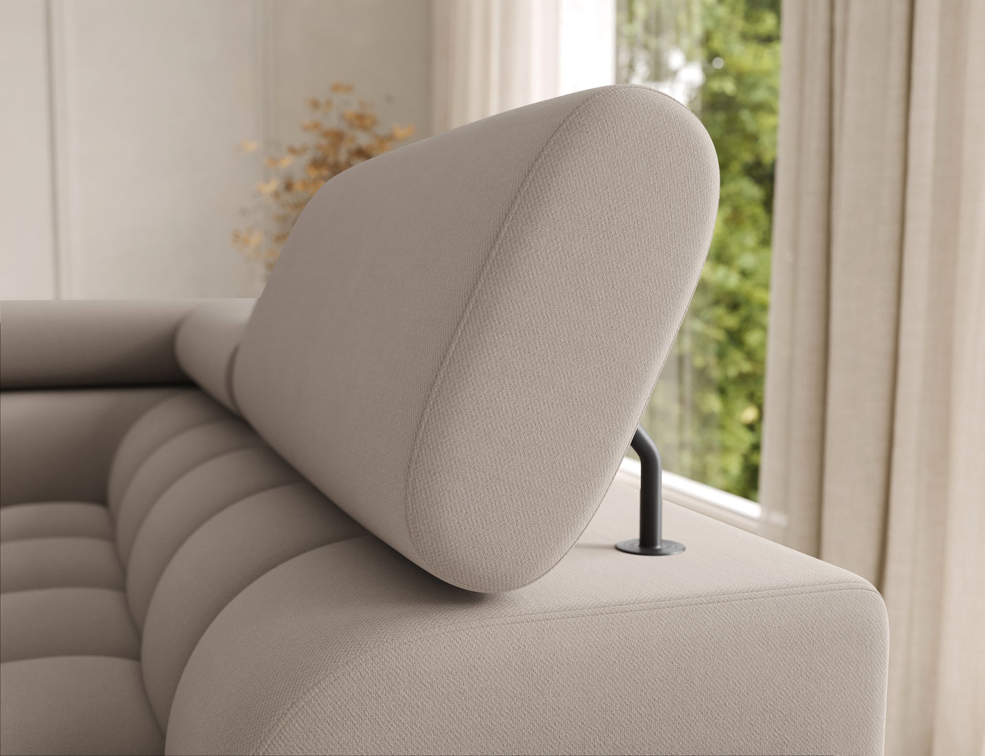 Regulowany zagłówek narożnika Feraria prawy beżowy w tkaninie Sola 18.