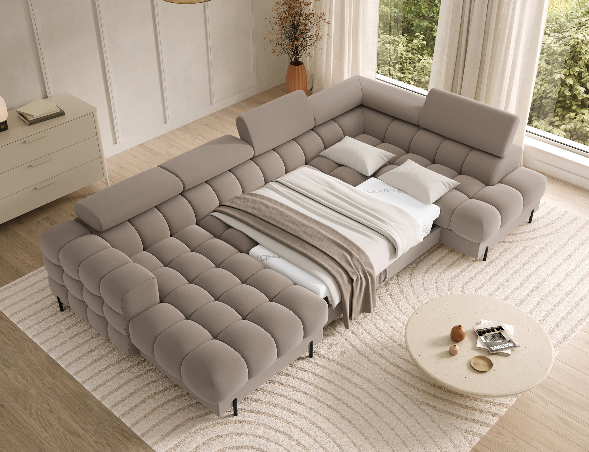 Narożnik Feraria prawy beżowy rozkładany – funkcja spania w sofie z tkaniny Sola 18.