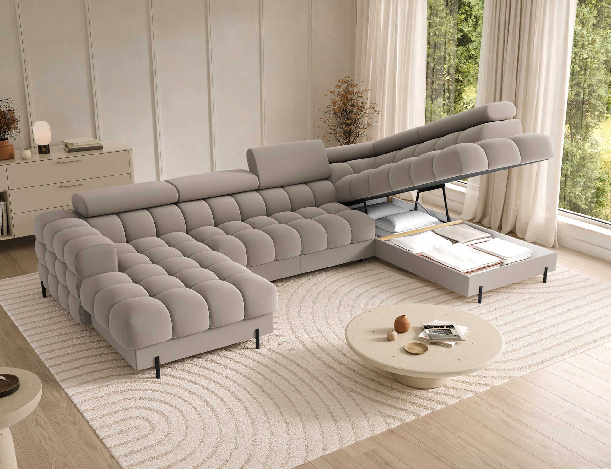 Narożnik Feraria prawy beżowy – pojemnik na pościel w sofie z funkcją spania.