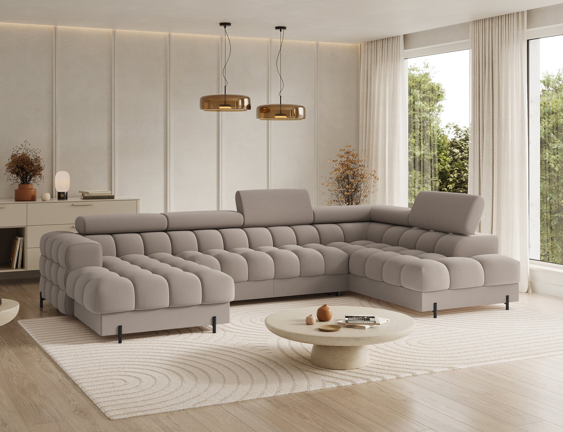 Nowoczesny narożnik Feraria prawy w tkaninie Sola 18 beżowy – sofa modułowa z regulowanymi zagłówkami i pojemnikiem.