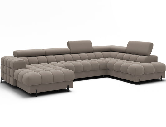 Narożnik Feraria lewy w tkaninie Sola 18 beżowy – elegancka sofa modułowa z regulowanymi zagłówkami i funkcją spania.