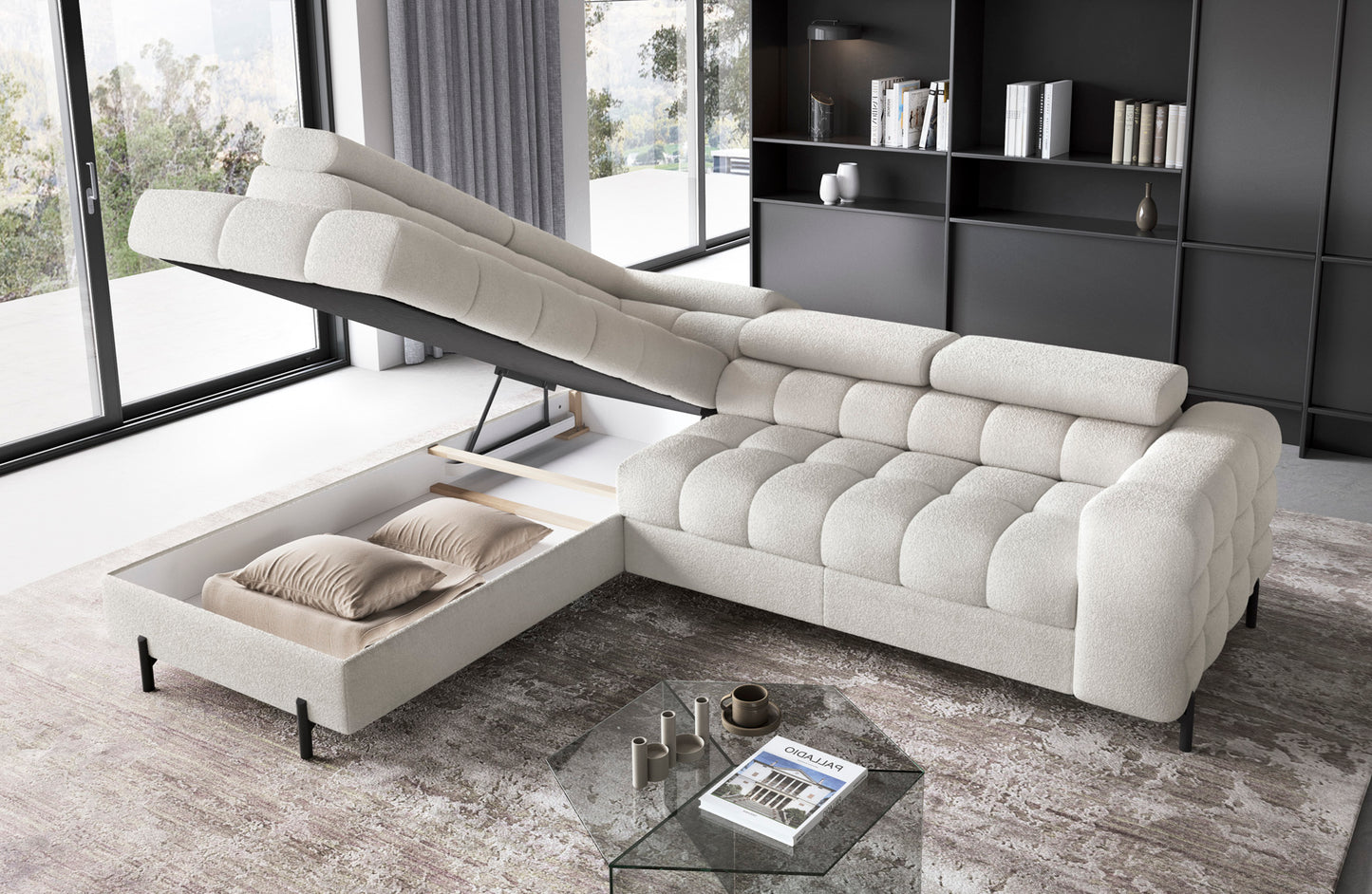 Narożnik Ferucce z podniesioną częścią szezlonga, ukazującą pojemnik na pościel z poduszkami, ustawiony w eleganckim salonie.