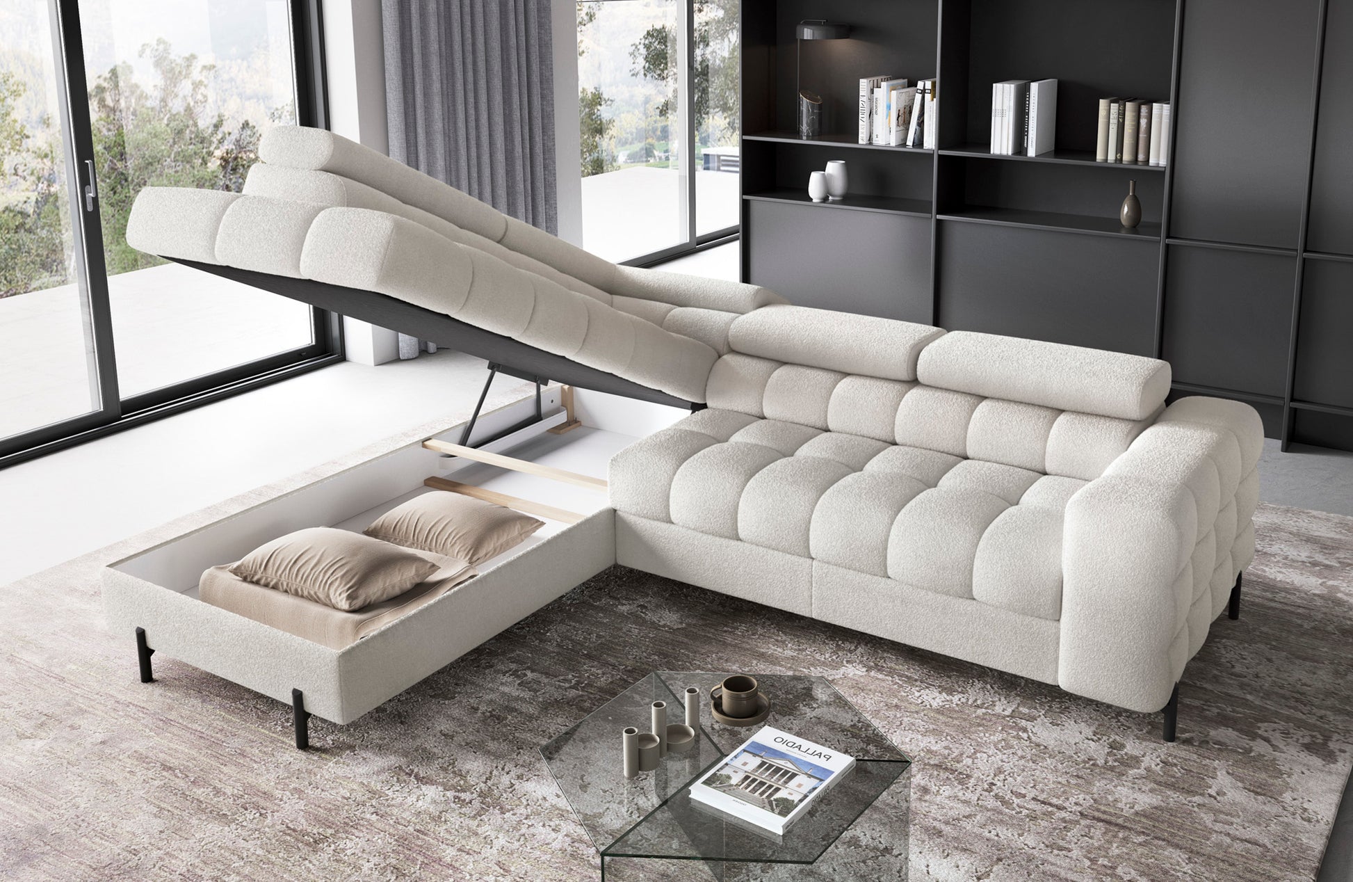 Narożnik Ferucce z podniesioną częścią szezlonga, ukazującą pojemnik na pościel z poduszkami, ustawiony w eleganckim salonie.