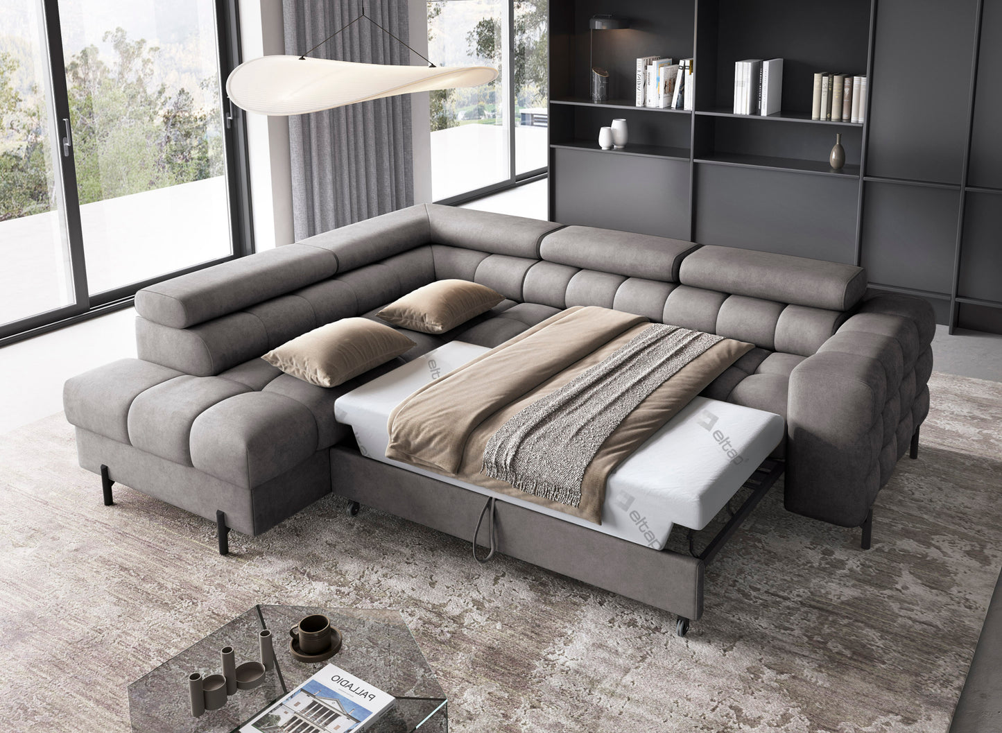 Narożnik Ferucce w tkaninie Aura 04 oferuje funkcję spania oraz przestronny pojemnik, łącząc stylowy wygląd z codzienną praktycznością.