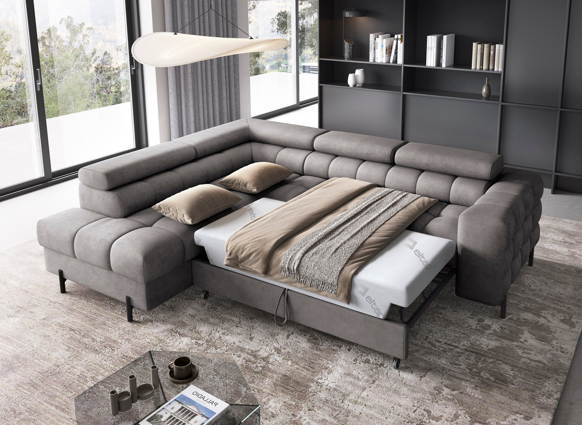 Narożnik Ferucce w tkaninie Aura 04 oferuje funkcję spania oraz przestronny pojemnik, łącząc stylowy wygląd z codzienną praktycznością.