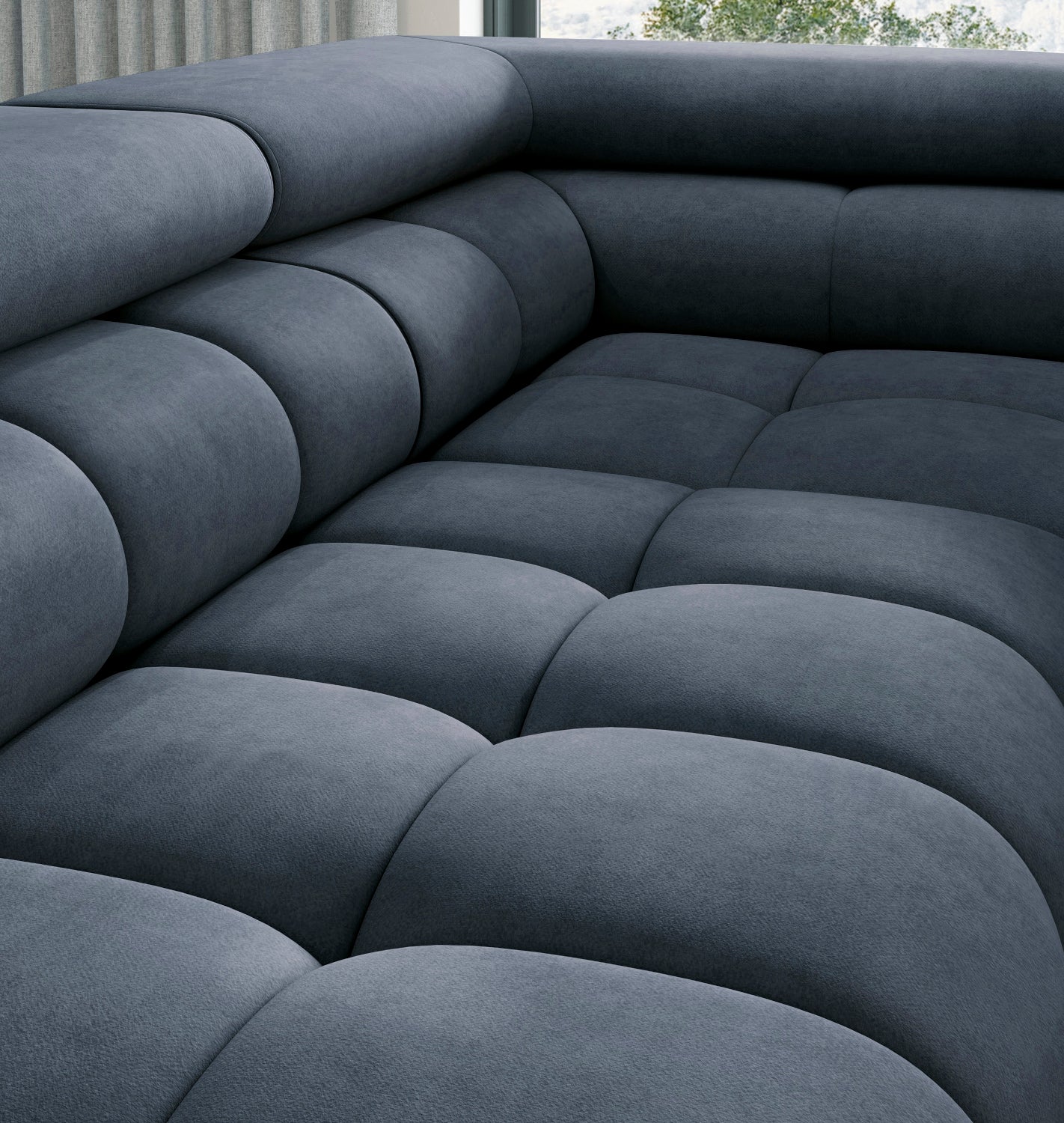 Pikowane siedzisko narożnika Ferucce w tkaninie Aura 40 – głęboka faktura i miękkie wykończenie.