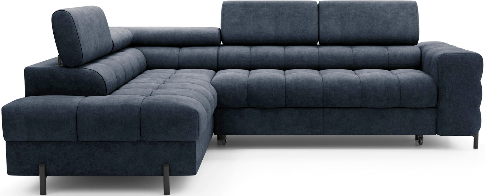 Lewostronny narożnik rozkładany Ferucce w tkaninie Aura 40, z pikowanym siedziskiem i regulowanymi zagłówkami.