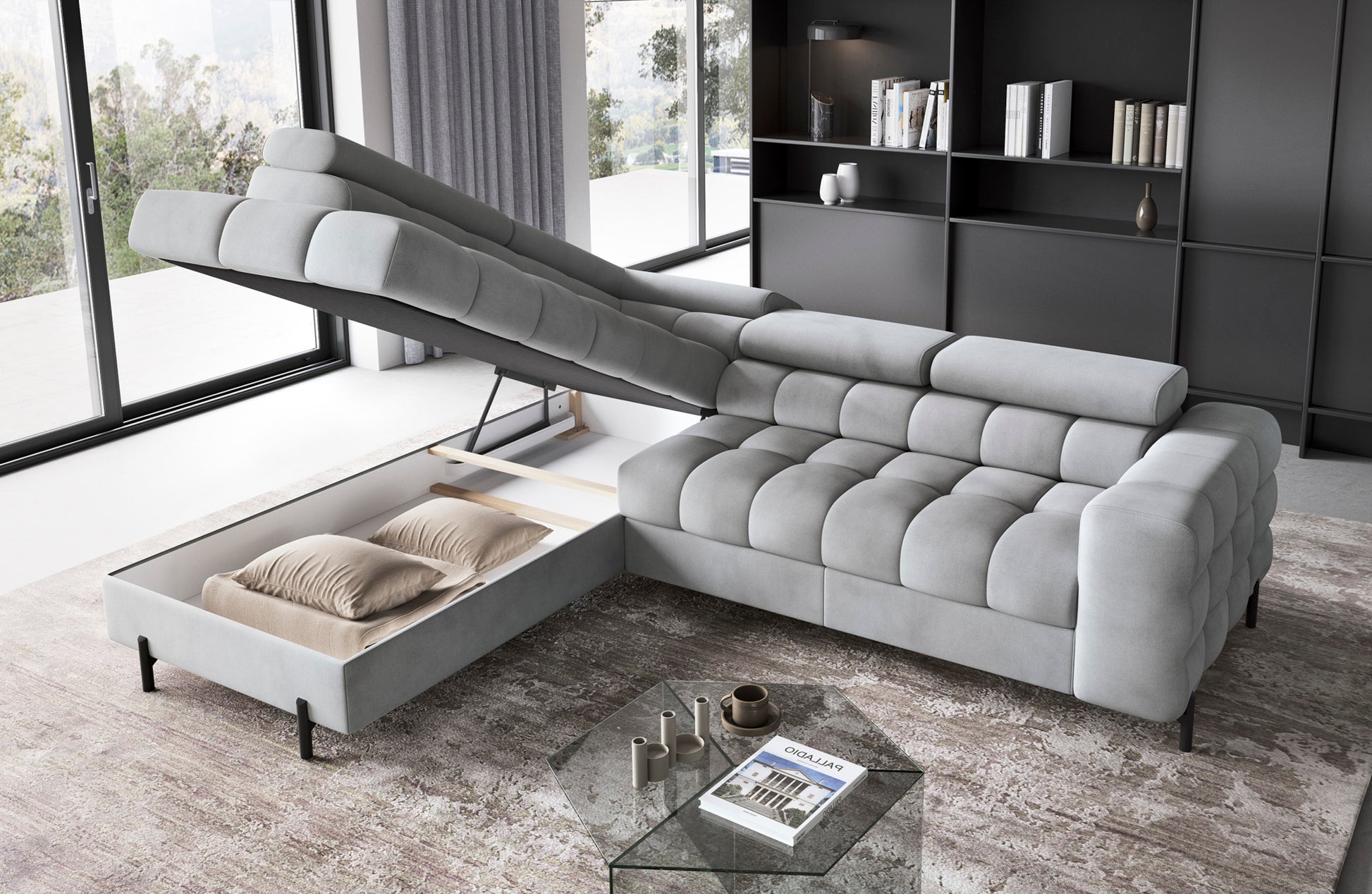 Funkcjonalny schowek na pościel w narożniku Ferucce, tapicerka Paros 05 jasnoszary.