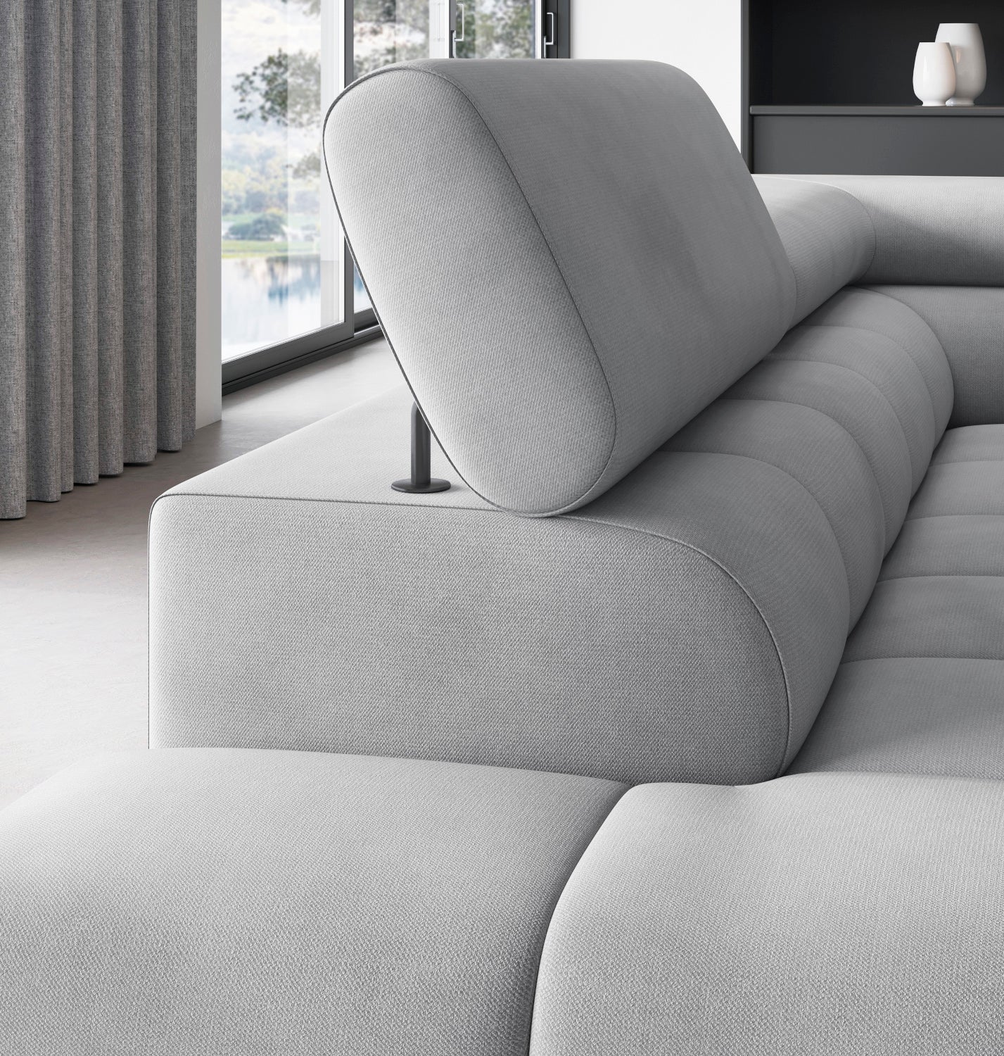 Regulowany zagłówek narożnika Ferucce, tkanina Paros 05, wykończenie detali.