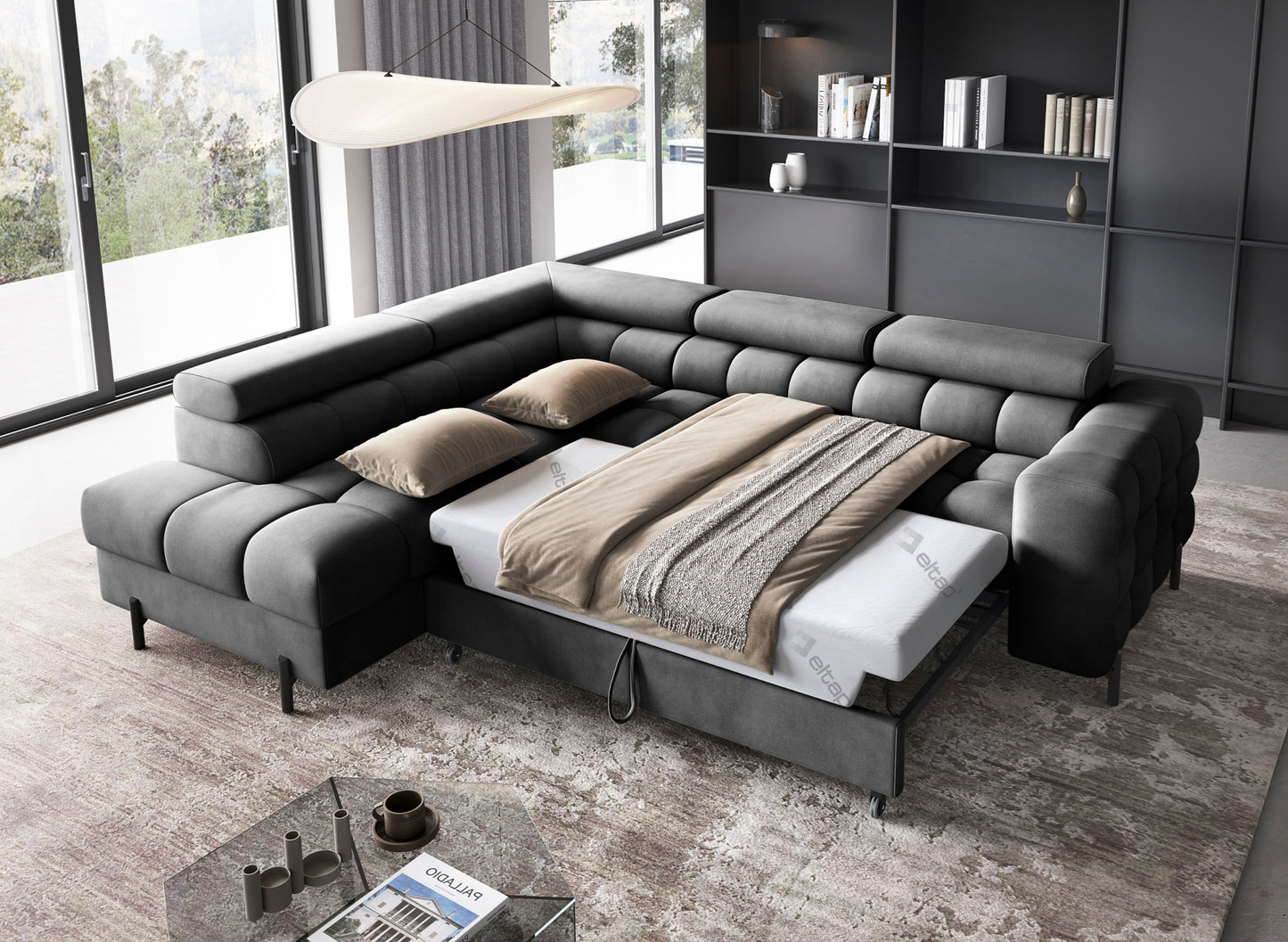 Narożnik Ferucce z funkcją spania – rozłożona powierzchnia spania prezentująca wnętrze z materacem i pościelą, tapicerka w kolorze ciemnoszarym Paros 06.