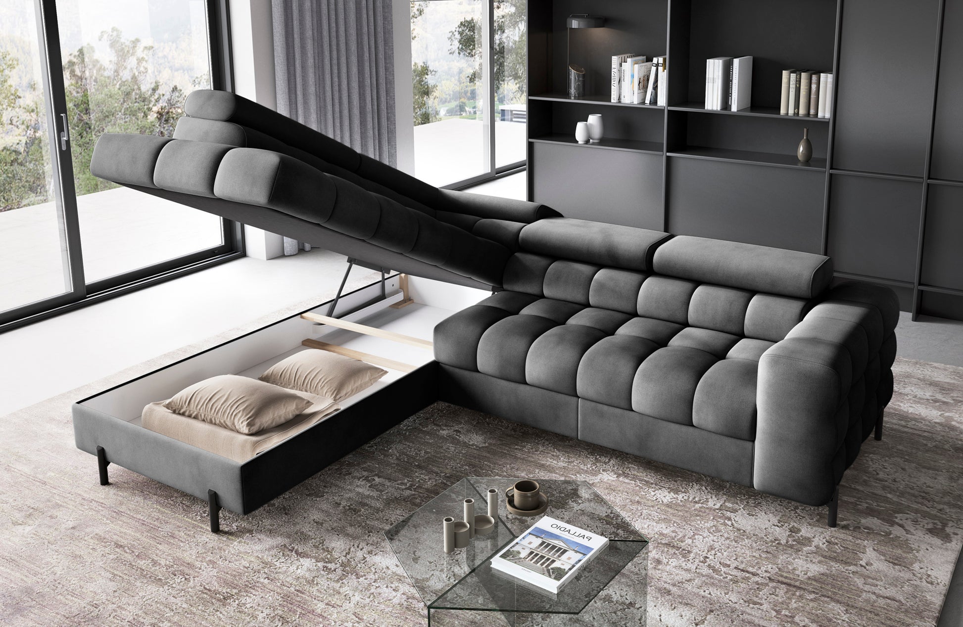 Otwarty pojemnik na pościel w lewym narożniku sofy Ferucce – uniesione siedzisko ukazuje praktyczne miejsce do przechowywania poduszek, widoczna solidna konstrukcja mebla.