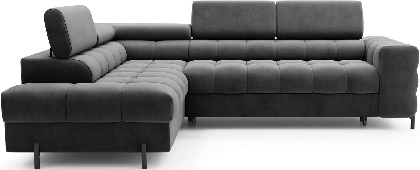 Narożnik Ferucce w układzie lewym, kolor Paros 06 ciemnoszary, widok na wprost – podkreślona geometryczna forma, trzy zagłówki, tapicerka o aksamitnym wykończeniu.