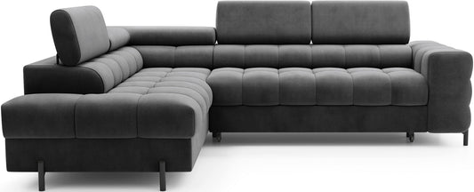 Narożnik Ferucce w układzie lewym, kolor Paros 06 ciemnoszary, widok na wprost – podkreślona geometryczna forma, trzy zagłówki, tapicerka o aksamitnym wykończeniu.