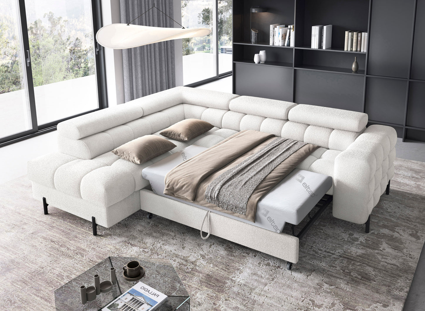 Funkcja spania narożnika Ferucce – model Royal 01 biały w wersji rozłożonej, z widocznym materacem i pościelą, gotowy do użytku jako łóżko.