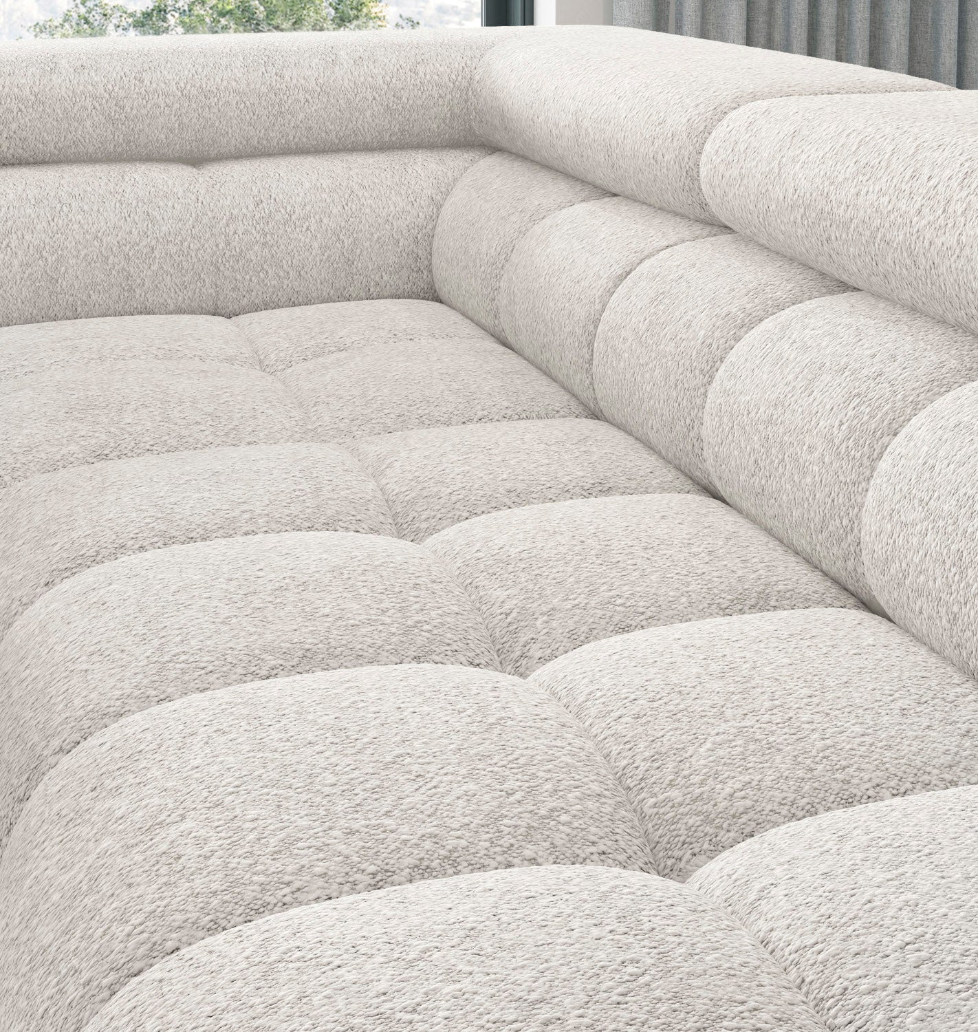 Detal siedziska i oparcia w narożniku Ferucce – strukturalna tkanina Royal 01 biały, układ lewy, tapicerowane pikowania w strefie narożnej.