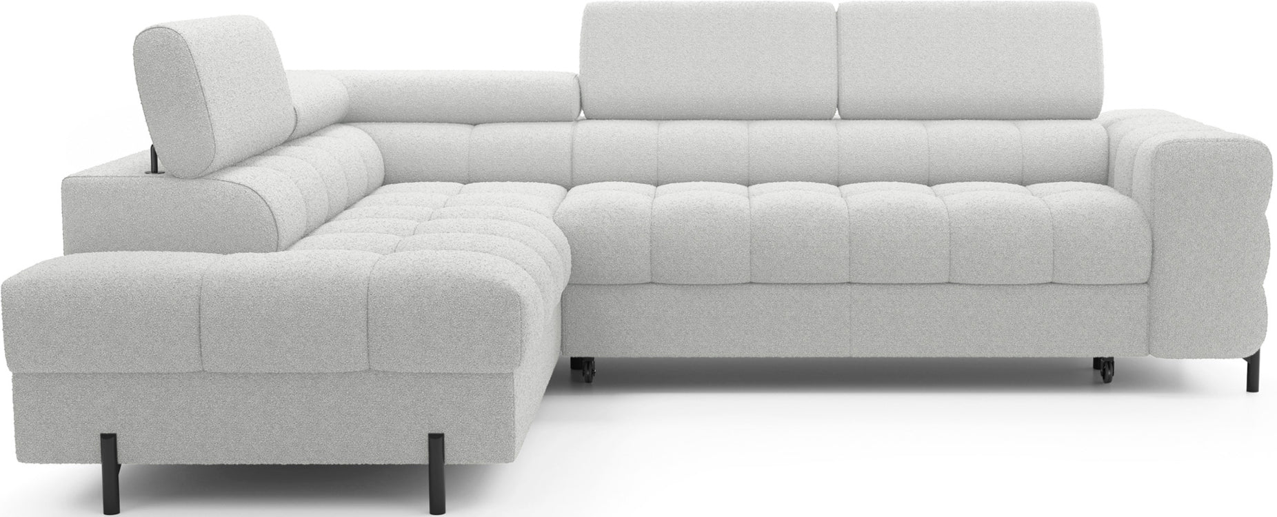 Nowoczesny narożnik Ferucce w tkaninie Royal 03 w kolorze białym, prezentowany od frontu – wersja lewa z ruchomymi zagłówkami i eleganckimi czarnymi nogami.