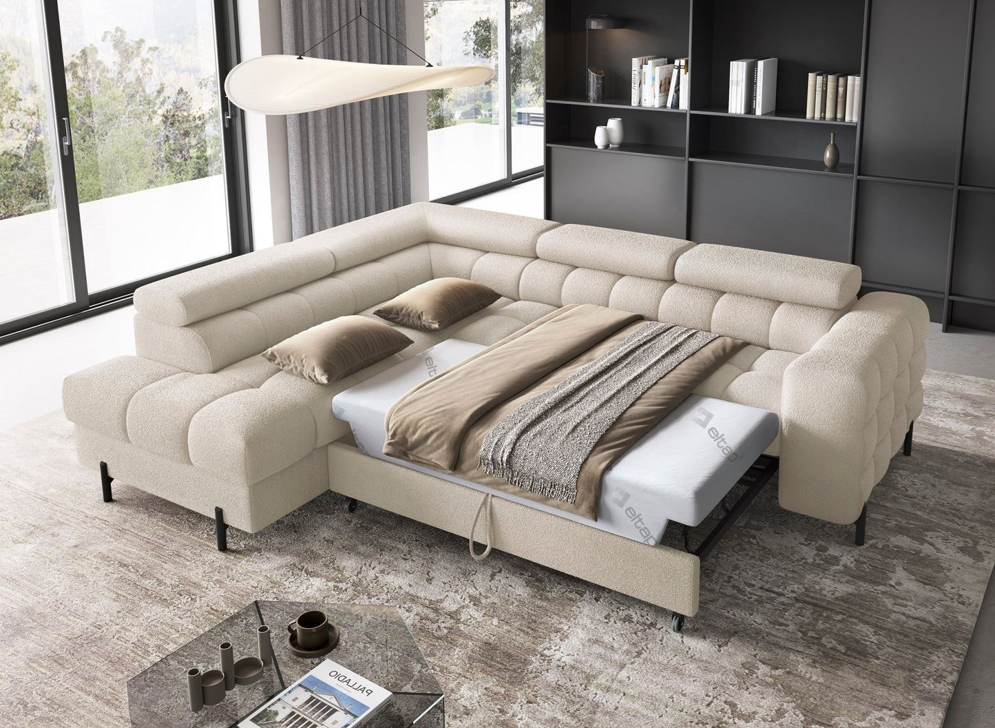Rozłożony narożnik Ferucce Royal 18 beżowy z funkcją spania i pościelą, układ lewy, widok na całość z perspektywy górnej.