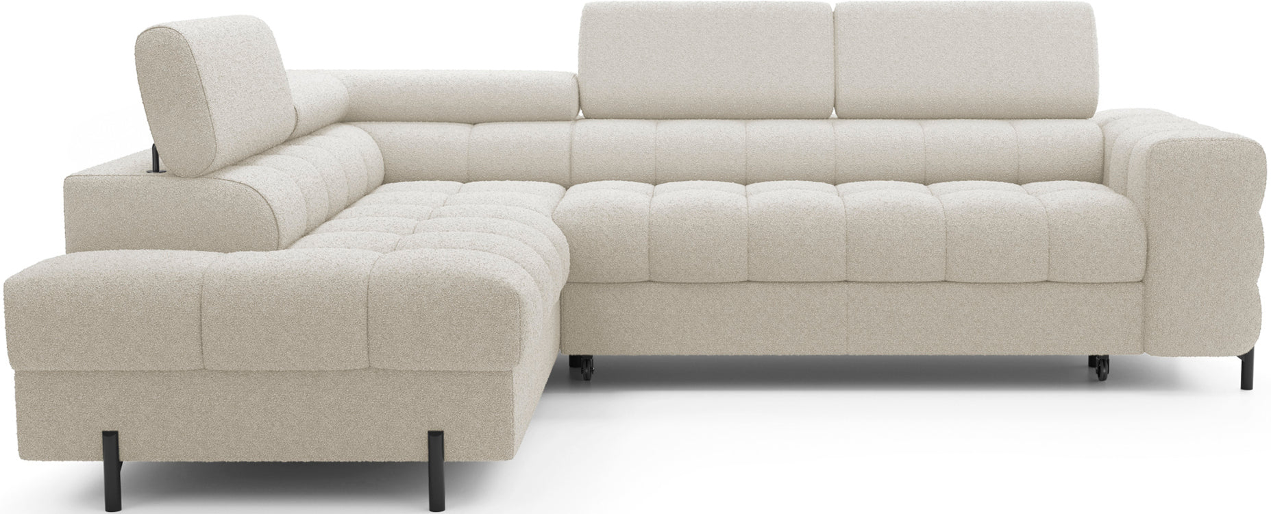 Narożnik Ferucce w tkaninie Royal 18 beżowy, układ lewy – widok frontalny ukazujący trzyosobową część z długim szezlongiem po lewej stronie.