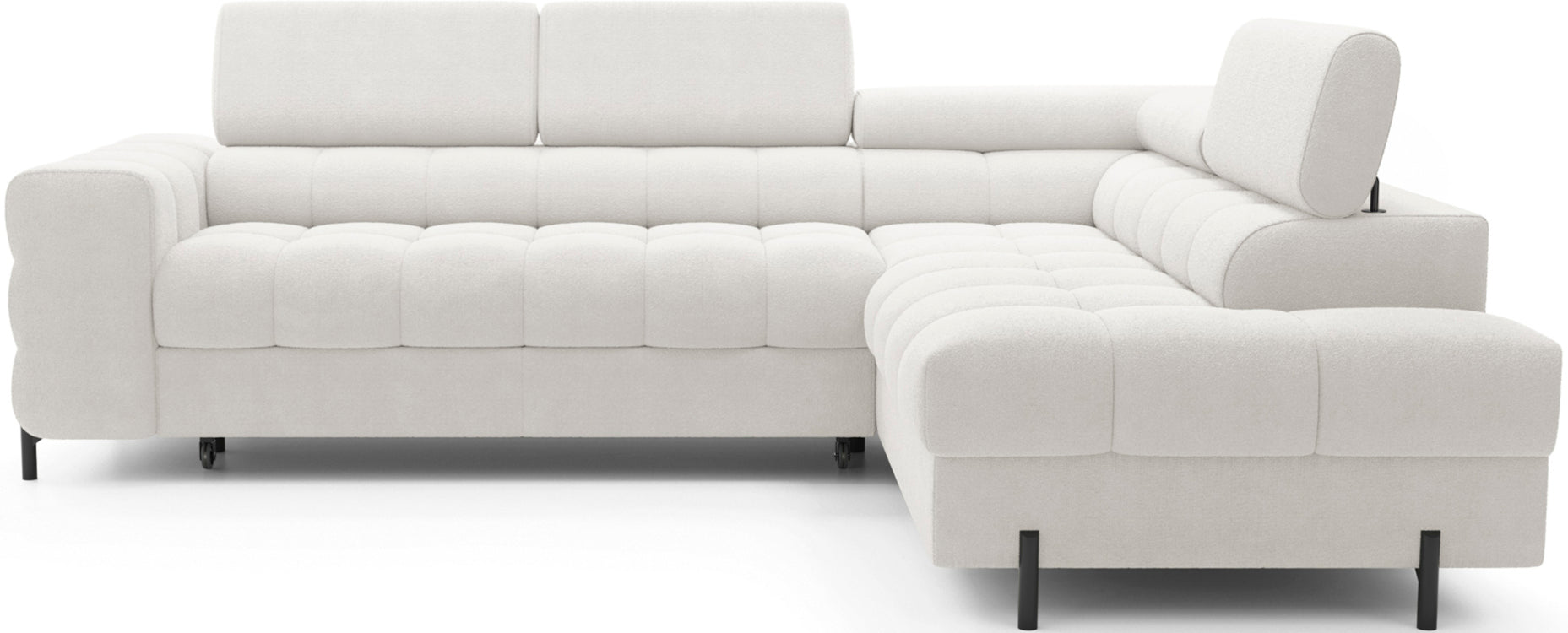 Narożnik Ferucce Amore 01 biały z pikowanym siedziskiem, regulowanymi zagłówkami i czarnymi metalowymi nogami – styl nowoczesny.