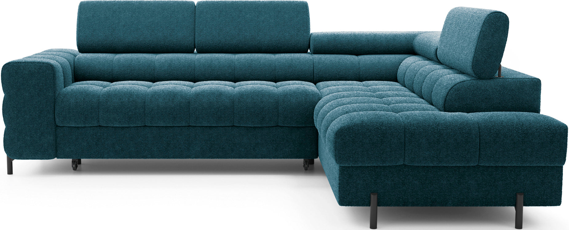 Narożnik Ferucce w tkaninie Amore 40, kolor granatowy; elegancka forma z pikowanym siedziskiem i regulowanym zagłówkiem po prawej stronie.