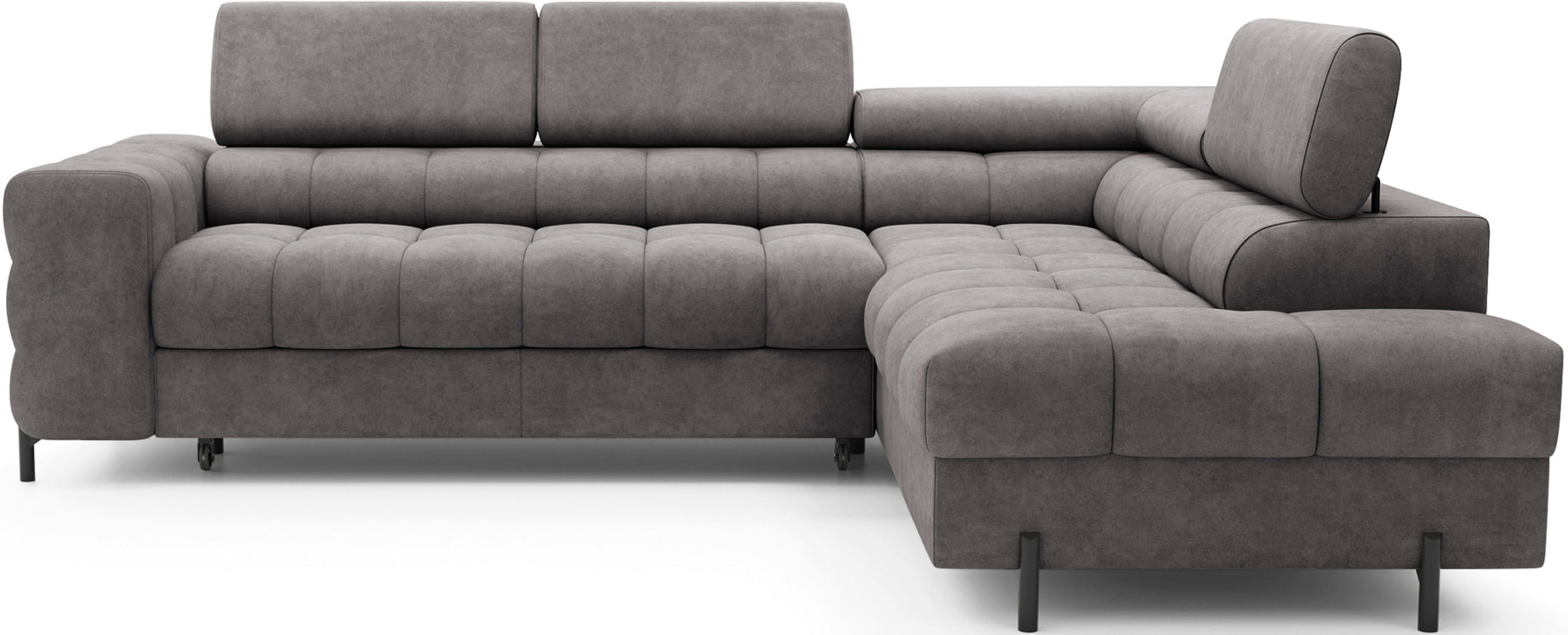 Narożnik Ferucce w wersji prawostronnej, tapicerowany szarą tkaniną Aura 04, z pikowanym siedziskiem i regulowanymi zagłówkami.