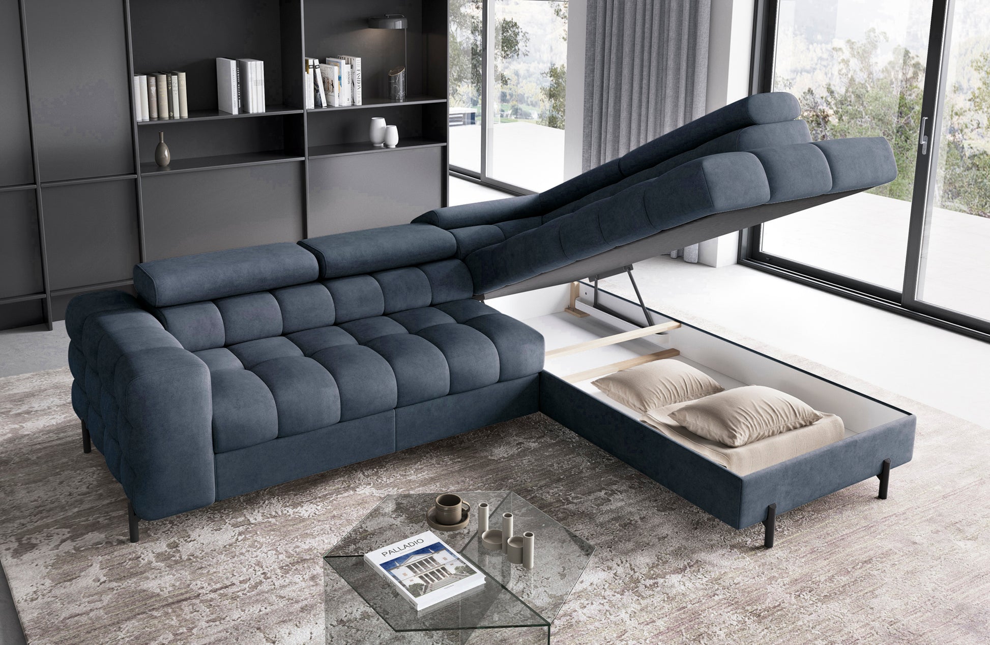 Uniesiona część narożnika Ferucce z otwartym pojemnikiem na pościel, wypełnionym poduszkami.