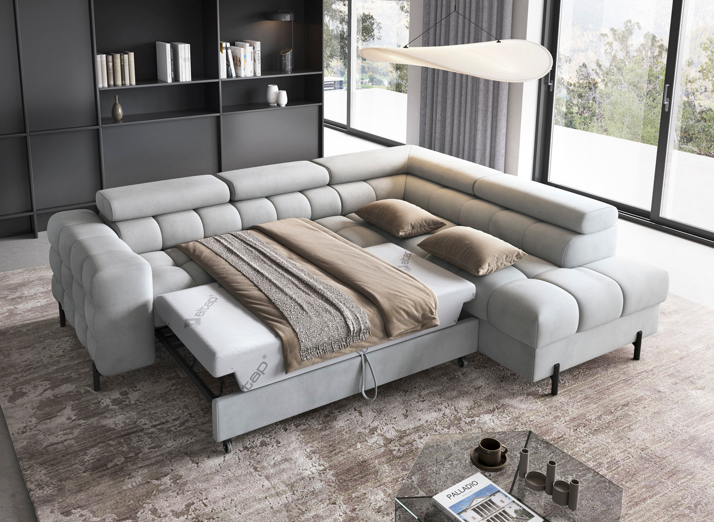 Narożnik Ferucce z funkcją spania typu delfin w tkaninie Paros 05, rozłożony do trybu łóżka.