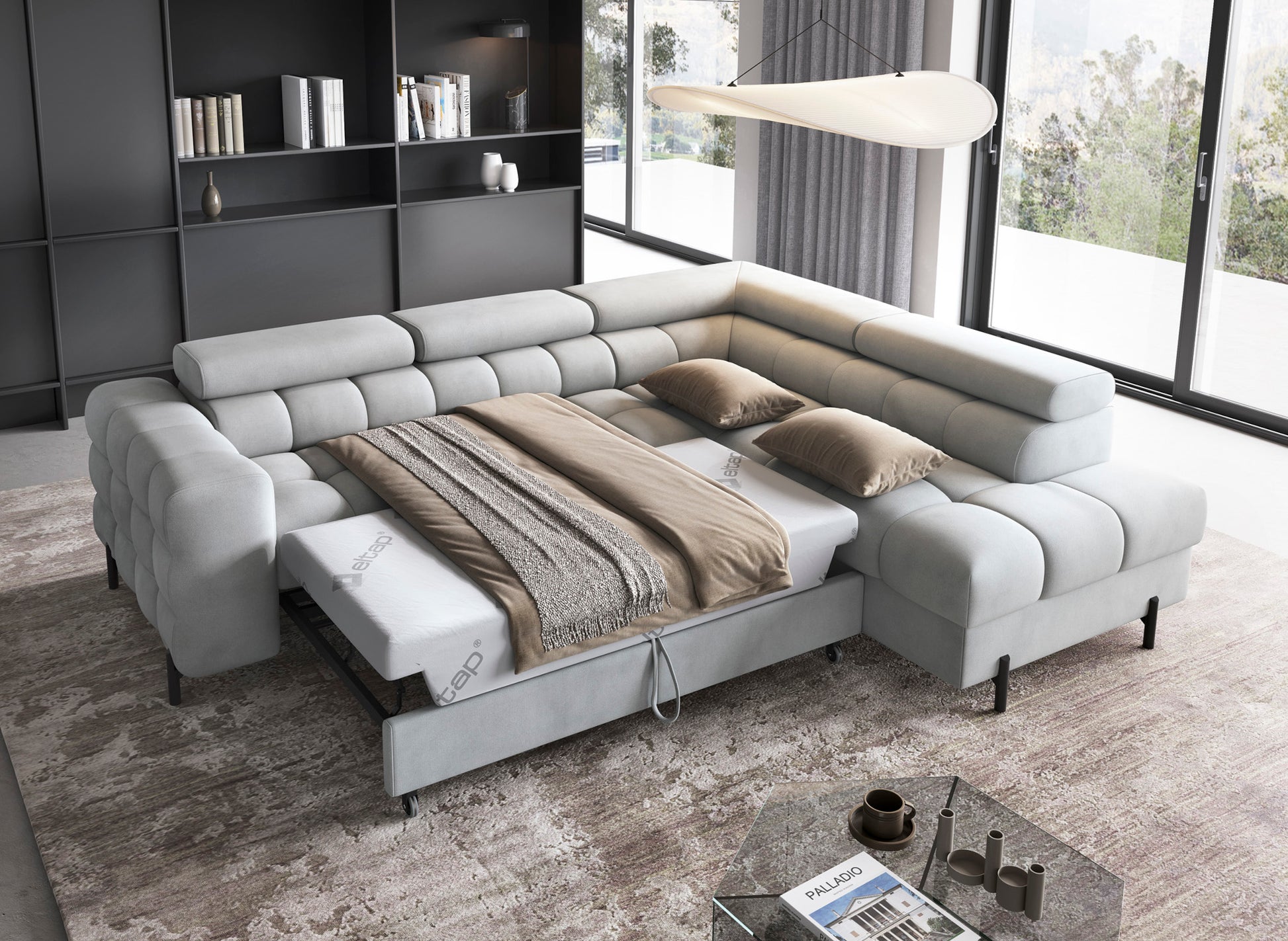 Narożnik Ferucce z funkcją spania typu delfin w tkaninie Paros 05, rozłożony do trybu łóżka.