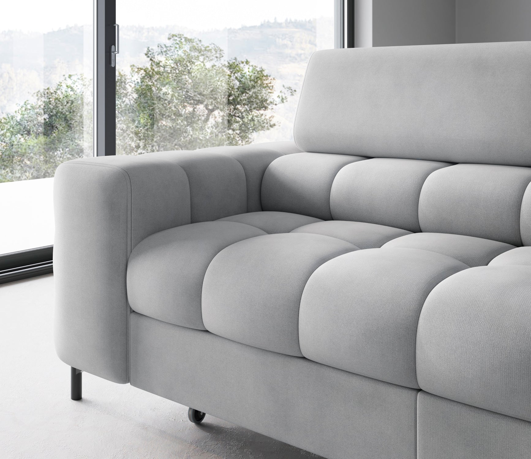 Zaokrąglony podłokietnik i front narożnika Ferucce Paros 05, widok z prawej strony.