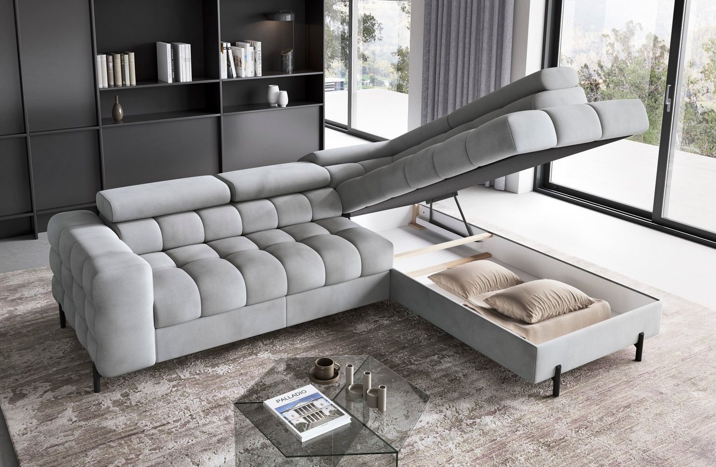 Pojemnik na pościel w narożniku Ferucce w wersji prawej i jasnoszarej tkaninie Paros 05.