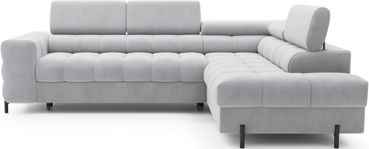 Narożnik Ferucce prawy w kolorze Paros 05 jasnoszarym, widok frontalny na elegancką bryłę z regulowanym zagłówkiem.