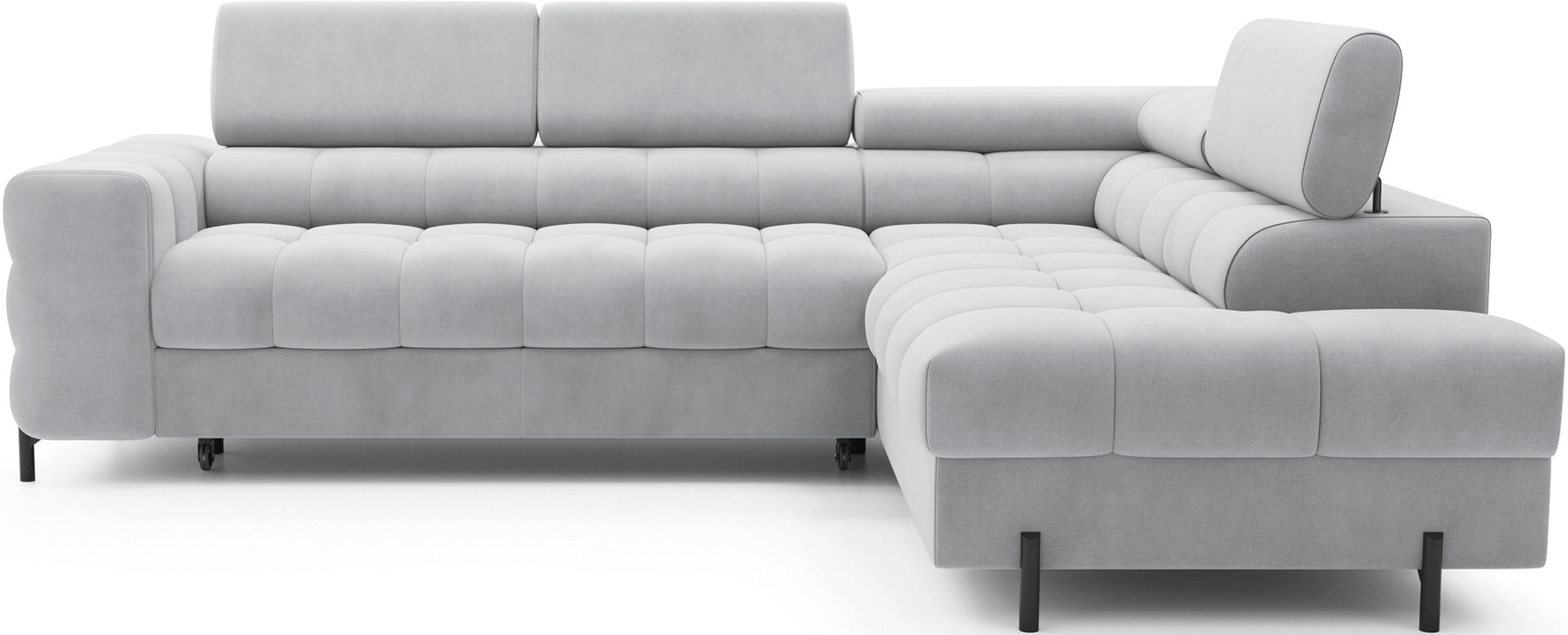 Narożnik Ferucce prawy w kolorze Paros 05 jasnoszarym, widok frontalny na elegancką bryłę z regulowanym zagłówkiem.