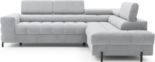 Narożnik Ferucce prawy w kolorze Paros 05 jasnoszarym, widok frontalny na elegancką bryłę z regulowanym zagłówkiem.