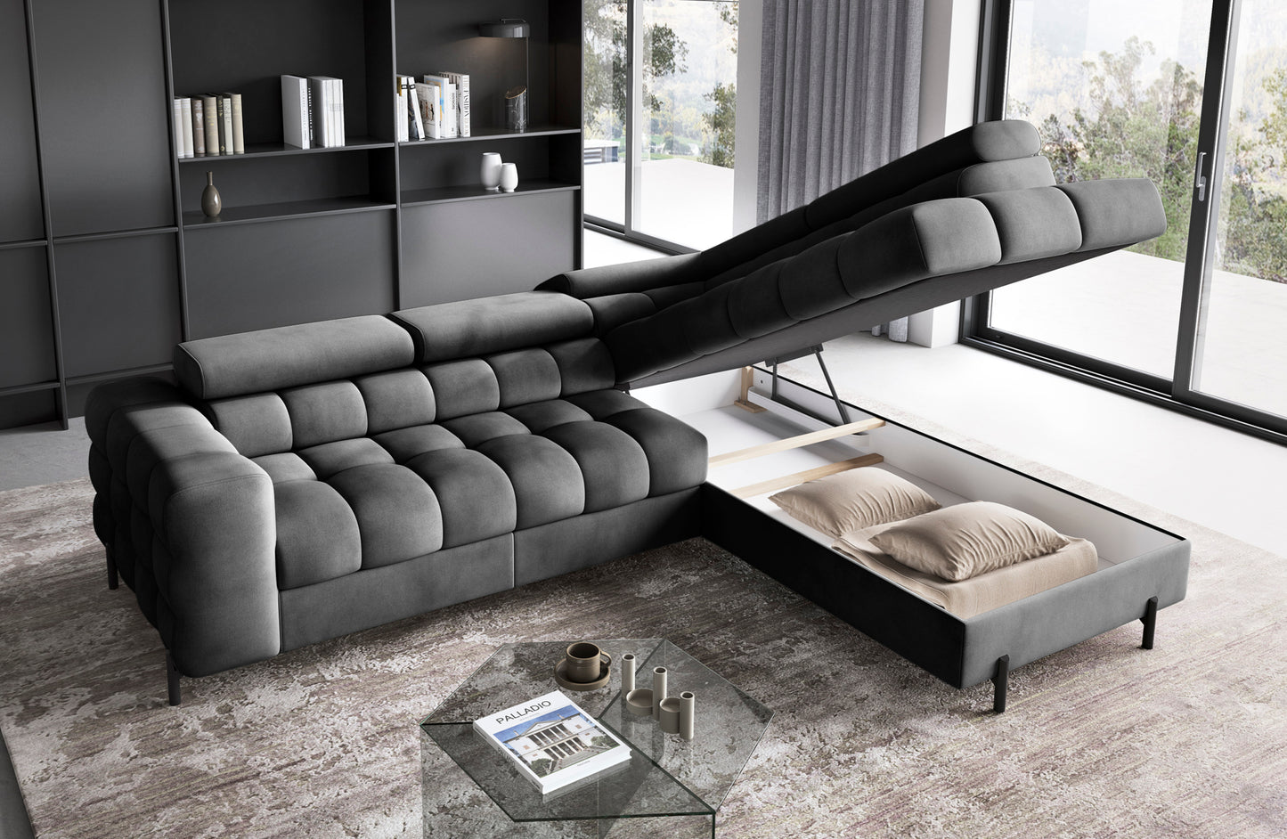 Otwarty schowek na pościel w narożniku Ferucce w kolorze Paros 06, z podniesionym siedziskiem i widocznymi poduszkami w środku.