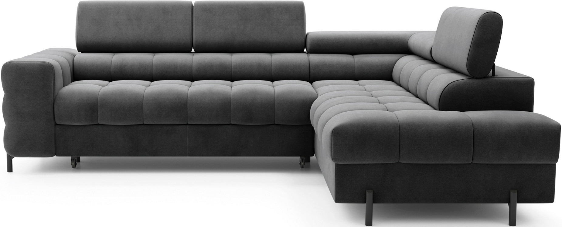 Nowoczesny narożnik Ferucce w kolorze ciemnoszarym Paros 06, widok z przodu, układ prawy, trzy zagłówki i wyraziste przeszycia na siedziskach.