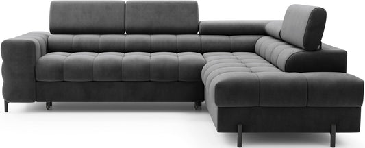 Nowoczesny narożnik Ferucce w kolorze ciemnoszarym Paros 06, widok z przodu, układ prawy, trzy zagłówki i wyraziste przeszycia na siedziskach.