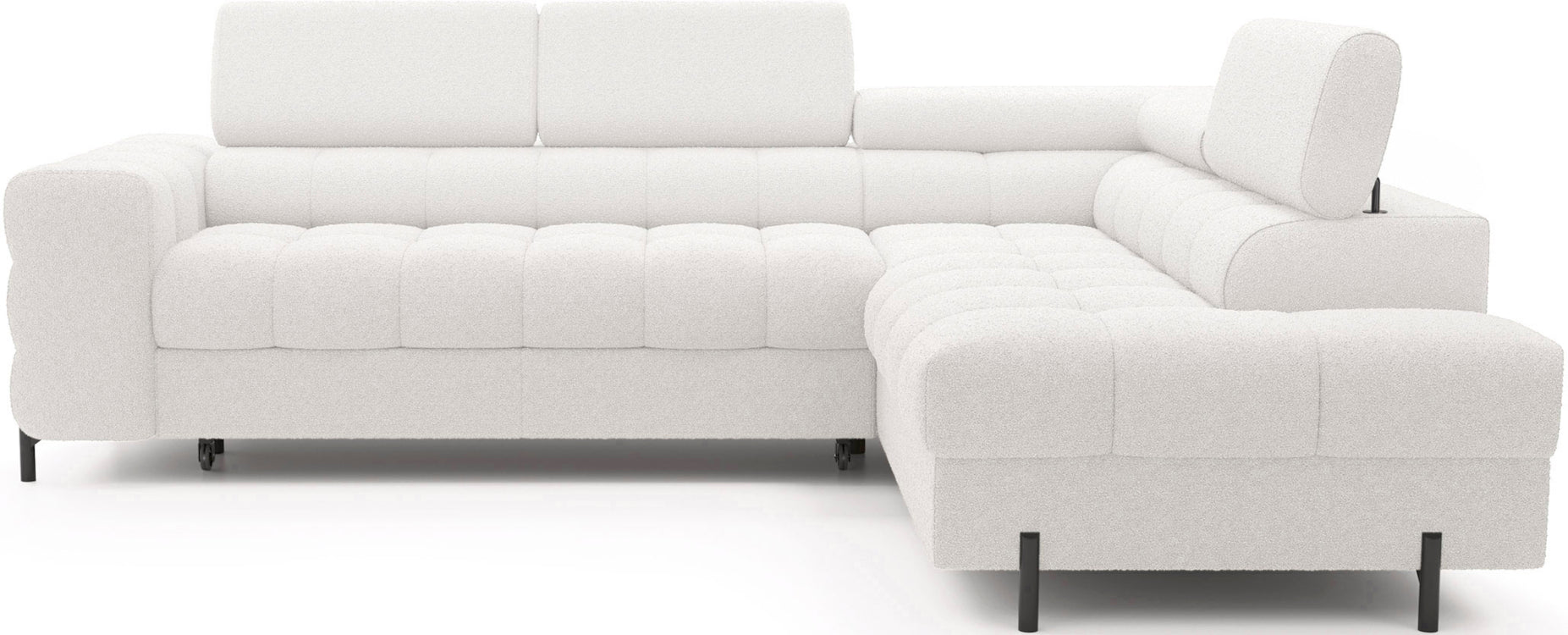 Narożnik Ferucce w kolorze Royal 01 biały, widok na pełen układ prawy z podniesionym zagłówkiem na krótszym boku, sfotografowany na białym tle.