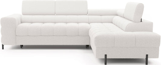 Narożnik Ferucce w kolorze Royal 01 biały, widok na pełen układ prawy z podniesionym zagłówkiem na krótszym boku, sfotografowany na białym tle.