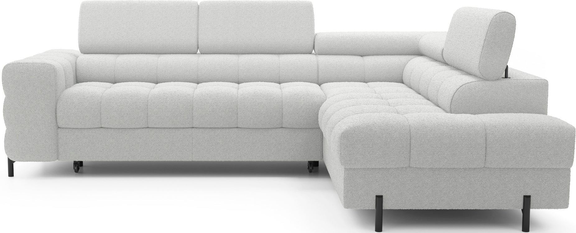 Narożnik Ferucce Royal 03 biały – widok z przodu, układ prawy, nowoczesna forma z regulowanymi zagłówkami i pikowanym siedziskiem.