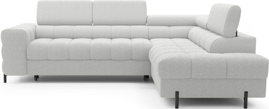 Narożnik Ferucce Royal 03 biały – widok z przodu, układ prawy, nowoczesna forma z regulowanymi zagłówkami i pikowanym siedziskiem.