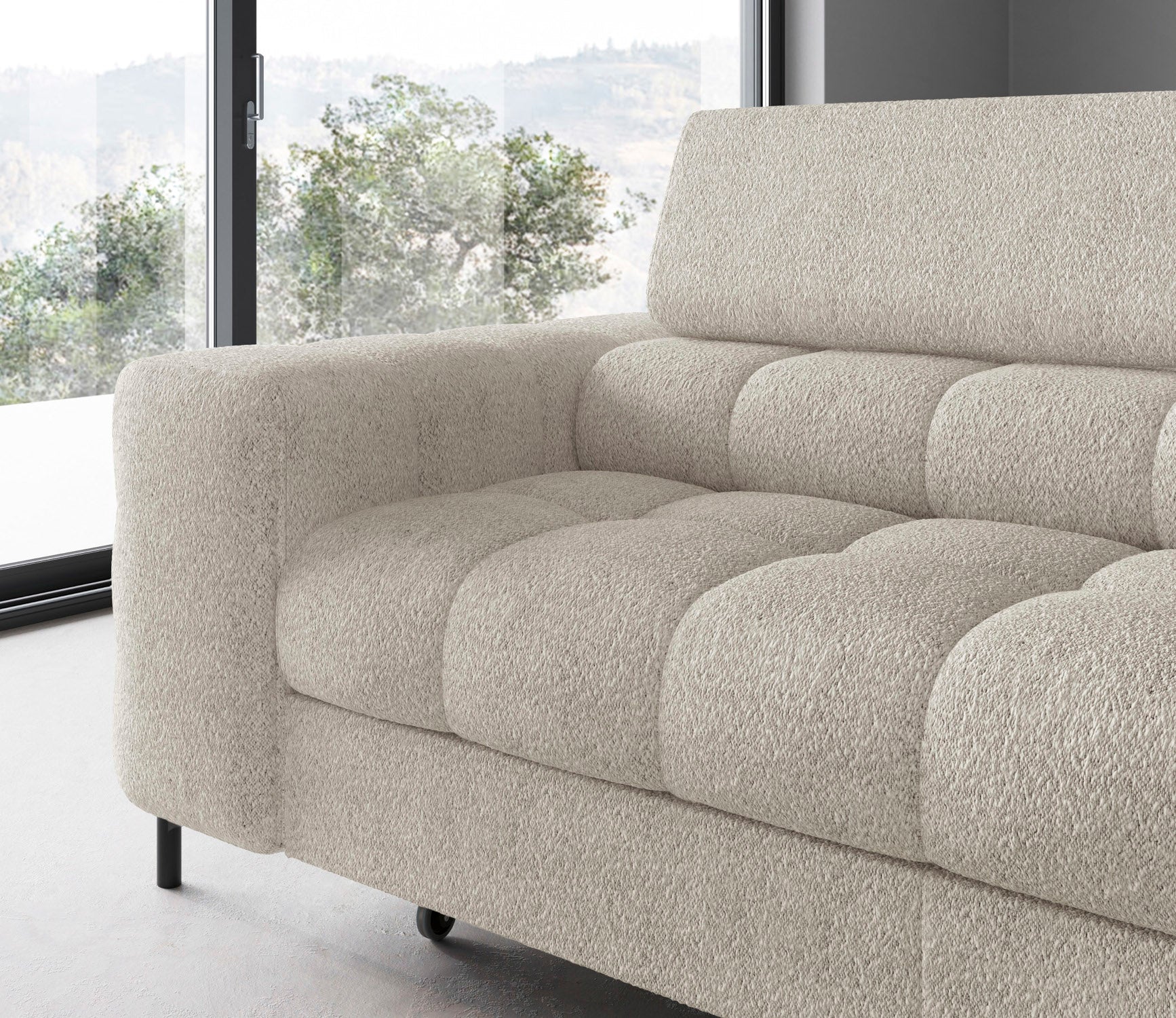 Widok detalu konstrukcyjnego przy oknie, eksponujący solidne wykończenie i prosty styl mebla.