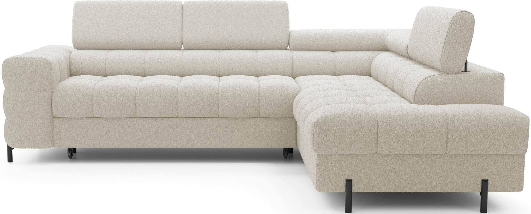 Sofa ustawiona na białym tle, prezentująca nowoczesny design z wysokimi zagłówkami i pionowymi przeszyciami.
