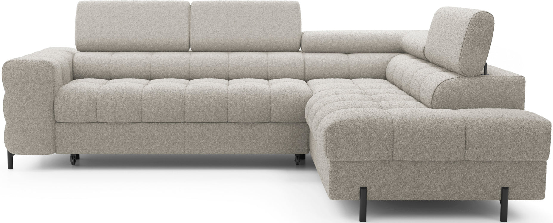 Narożnik Ferucce w tkaninie Royal 20 beżowy, układ prawy, widok frontalny na jasnym tle – podkreślenie nowoczesnego kształtu i pikowanego siedziska.