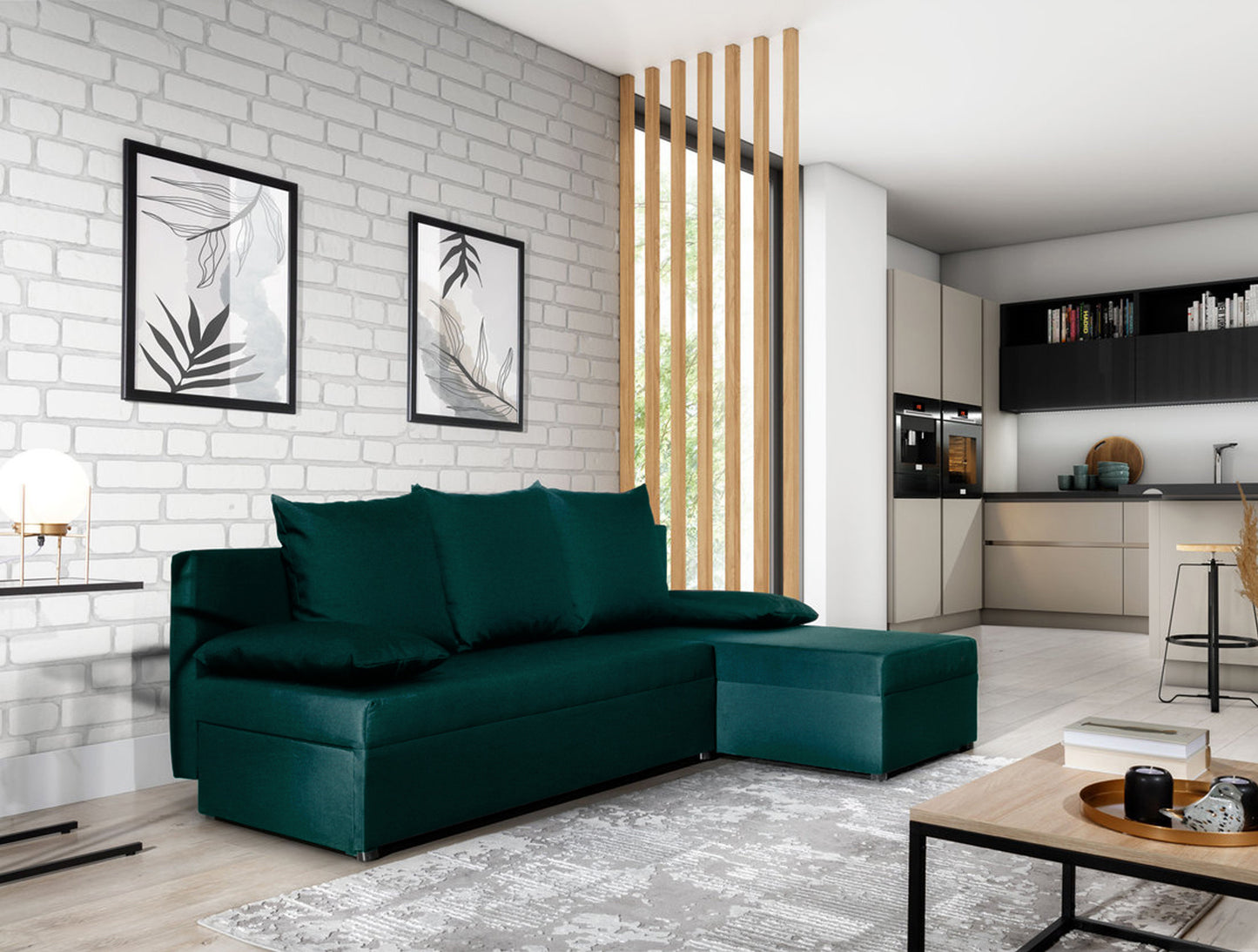 Rozłożony narożnik Gino w kolorze Nube 35 zielony z funkcją spania, w eleganckim salonie z drewnianą podłogą.