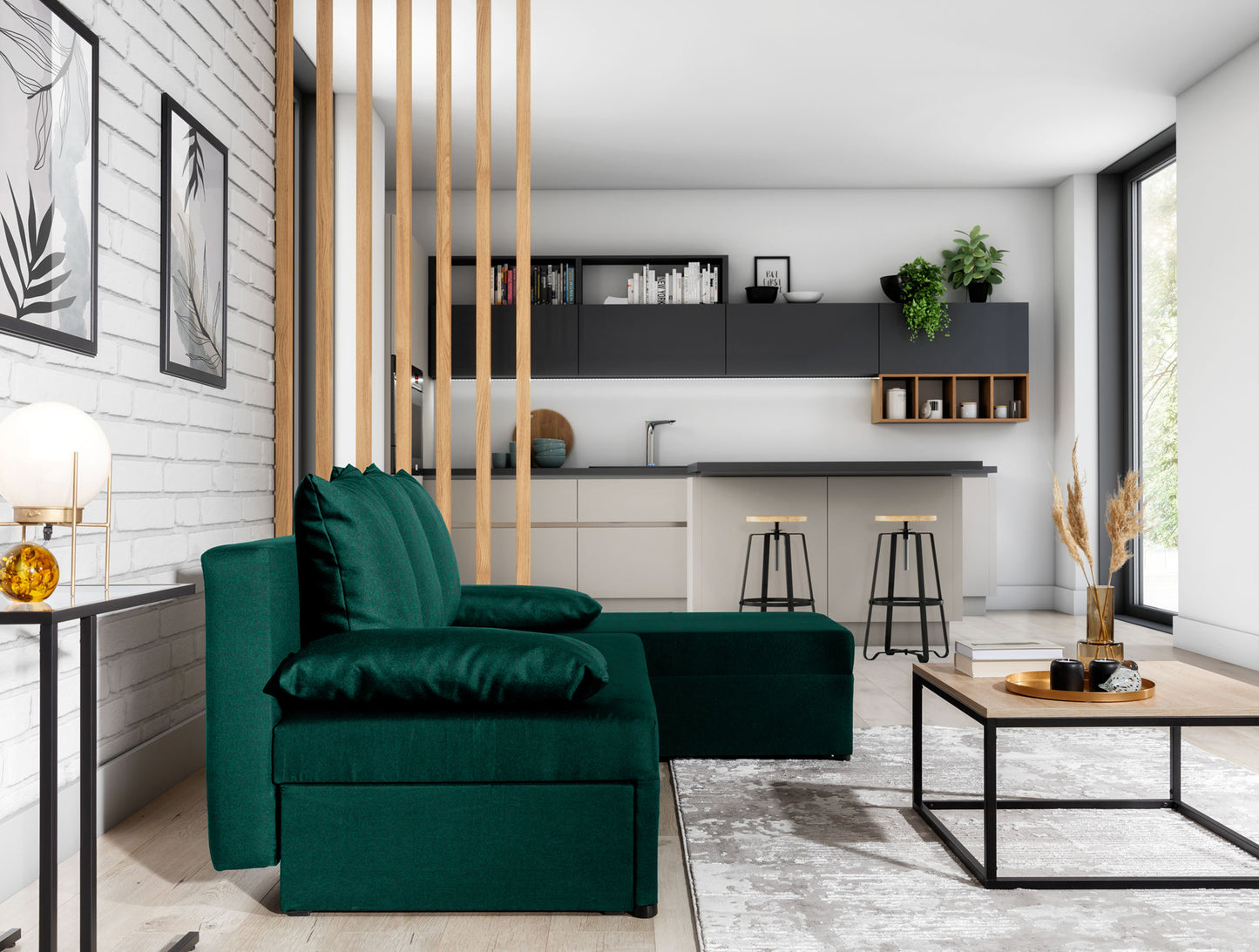 Narożnik Gino w kolorze Nube 35 zielony, widok z boku w stylowym salonie z jasnymi ścianami i drewnianymi elementami wystroju.